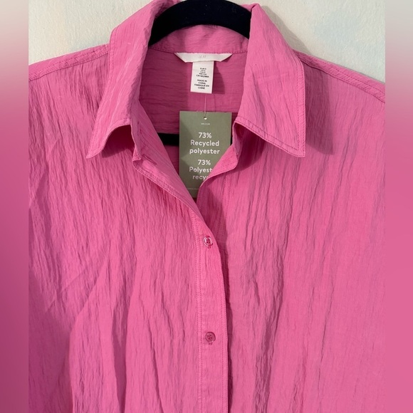 H&M Hot Pink Crinkled Chiffon Long Sleeve Button Down Shirt Size Small NWT - Picture 3 of 7
